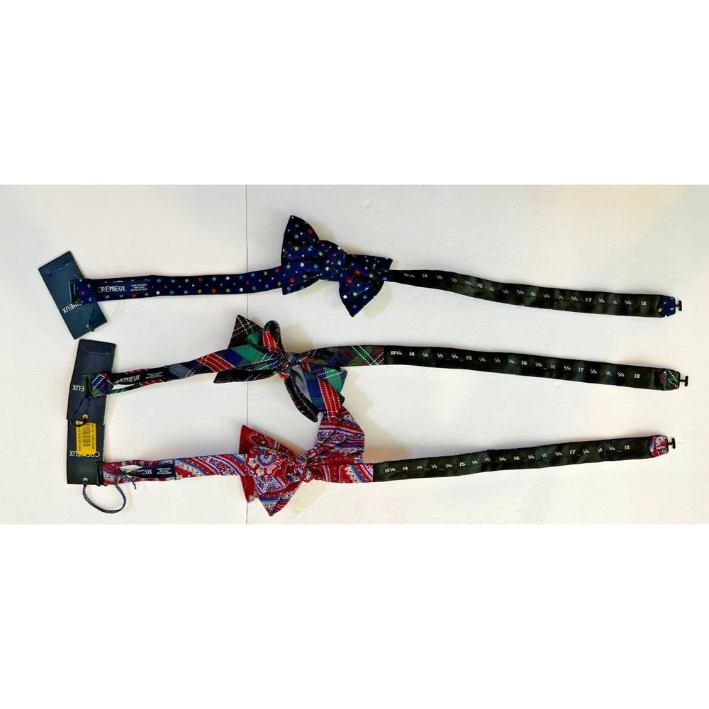 Cremieux Bow tie 100% Silk Plaid Paisley Dots Red Green Blue NEW Set 3